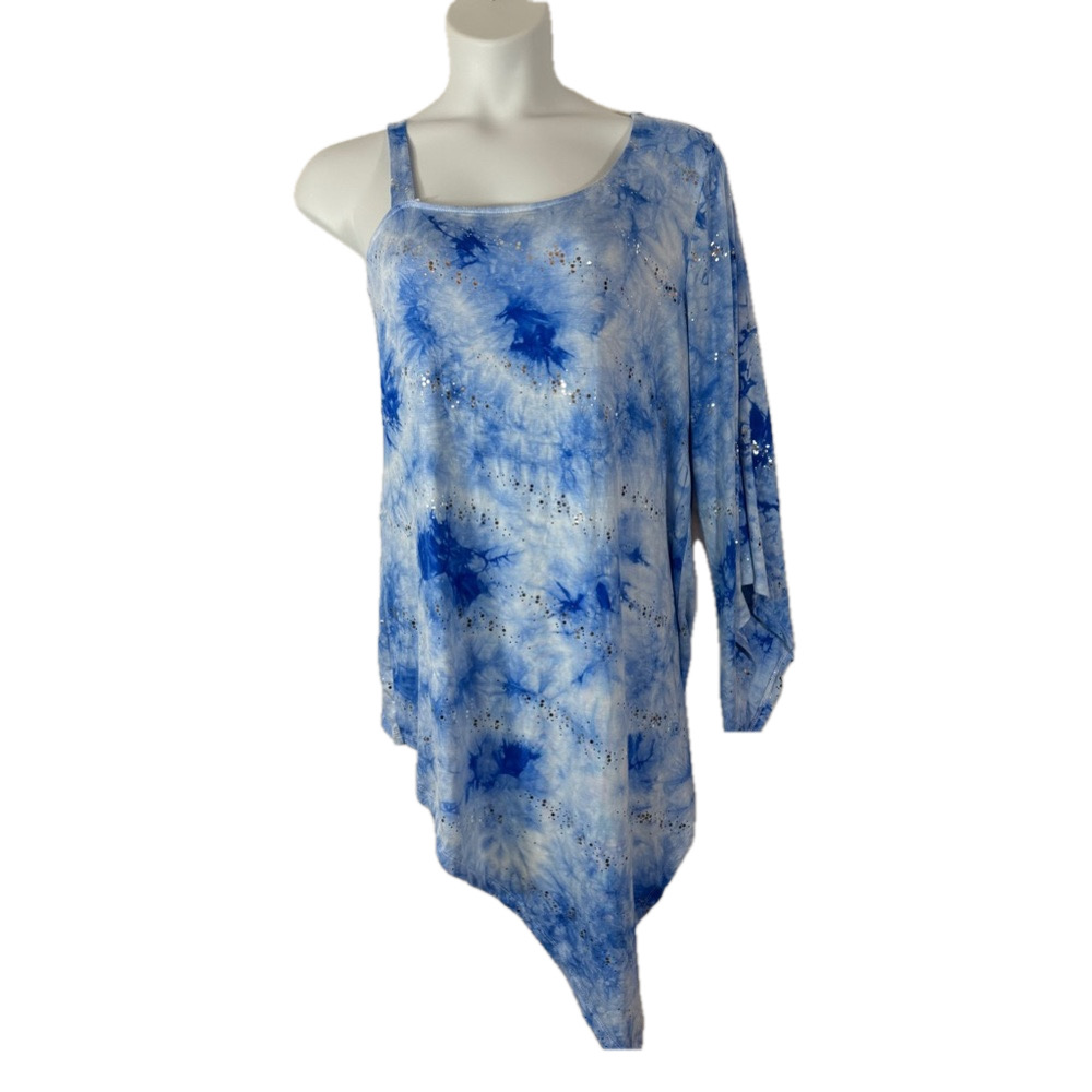 Ashley Stewart Tie Dye Silver One Shoulder Festival Sleeve Tunic TopSKU0469